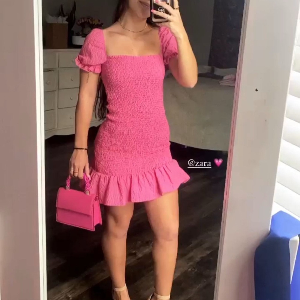 Zara Pink Peplum Mini Dress with Puff Sleeves